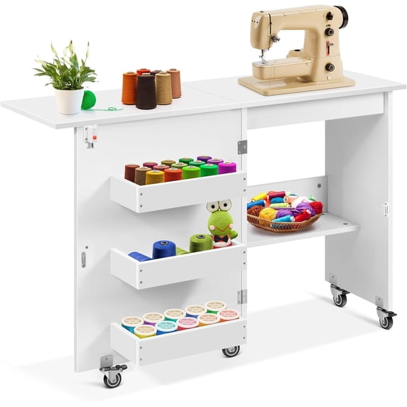 SPECSTAR Folding Sewing Craft Table, Rolling Sewing Machine Desk with Storage Shelves, Sewing Cabinet with Lift for Small Spaces, White