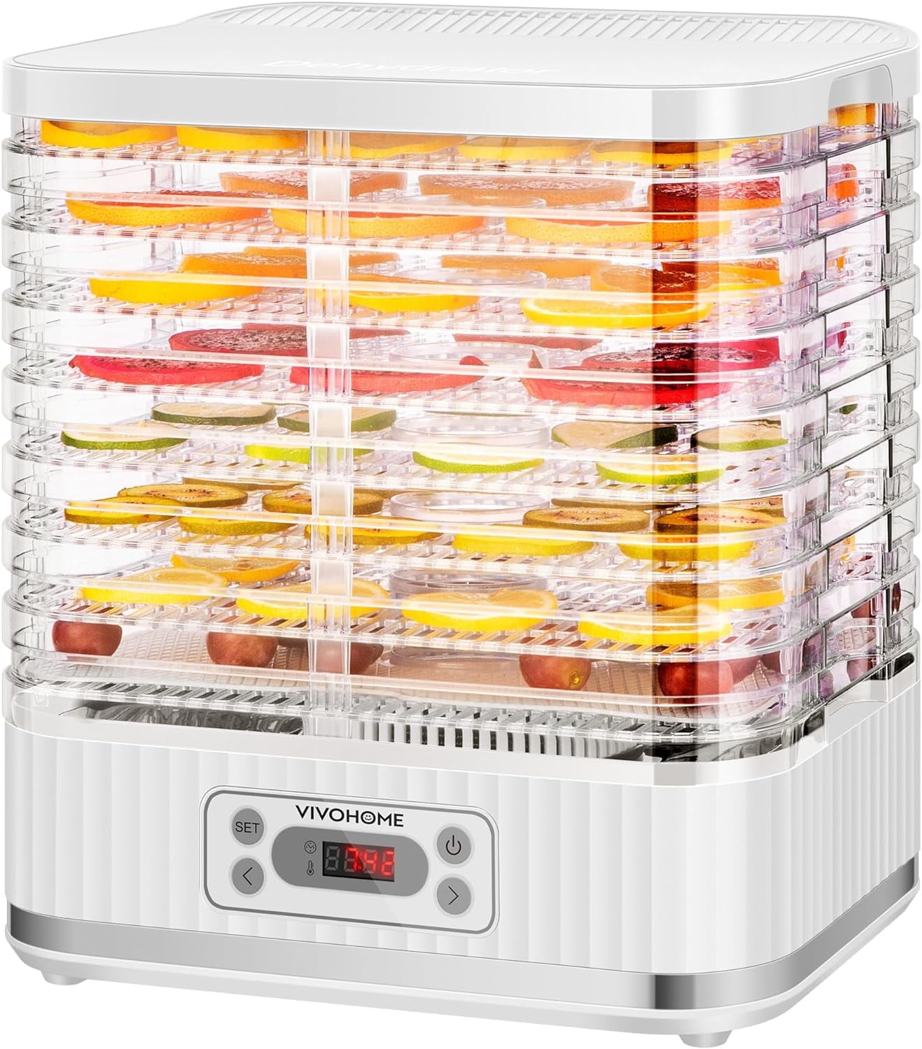 White 8-Tray Electric Food Dehydrator with Digital Timer and Thermostat