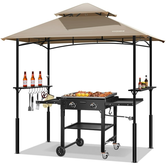 SPECSTAR 8' x 5' Grill Gazebo Canopy, Outdoor BBQ Gazebo Shelter with 2 Side Shelves & Double-Tiered Top, Taupe