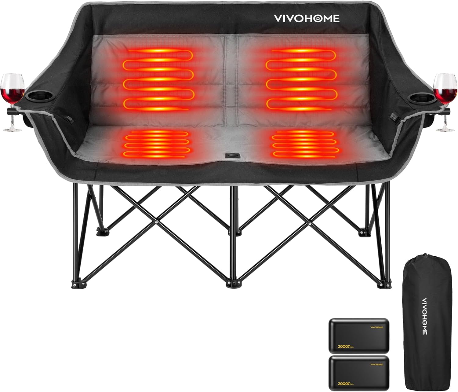 SPECSTAR Heated Double Camping Chair, with 2*20,000 mAh Power Bank and 12V 20W PD Fast Charging Type C Port, 3 Levels Heating, NTC Overheat Protection System