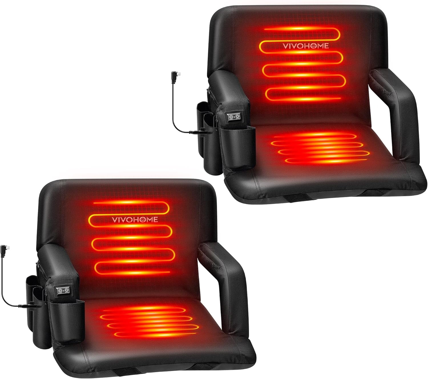 SPECSTAR Heated Stadium Seats with Back Support and Cushion, 2 Pack Bleacher Chairs with 12V 20W PD Fast Charging Type C Port, 3 Levels of Heat, NTC Overheat Protection System(Power Bank not Include
