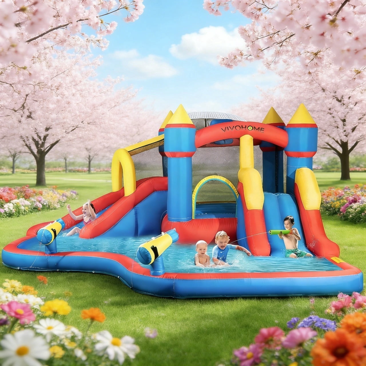 SPECSTAR Inflatable Bounce House Water Bouncer Jumping Castle with 450W Air Blower, Double Water Slide, Sprinkler, Splash Pool, Basketball Hoop, Water Gun, Climbing Wall for Kids Outdoor Backyard