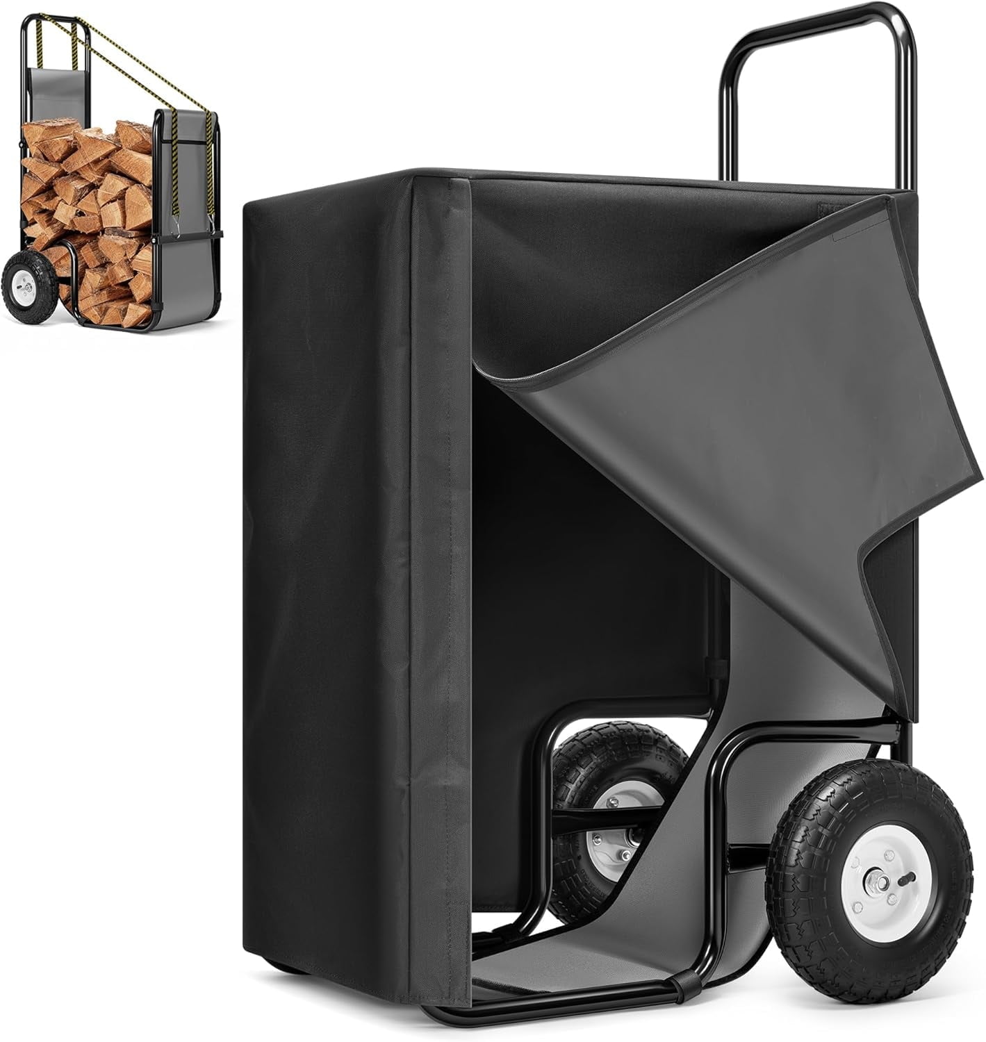 SPECSTAR Large Firewood Cart with Cover and 600D Oxford Cloth, 250 LB Capacity Heavy Duty Steel Log Carrier Dolly Hauler, Rolling Wood Rack Storage Mover for Easy Transport Indoor Outdoor Use
