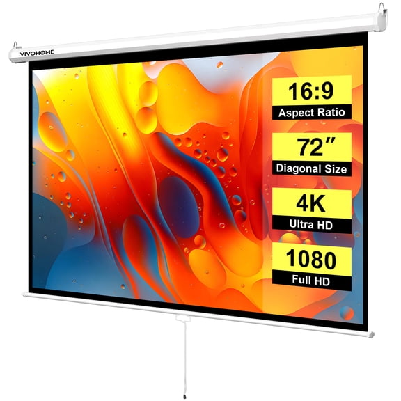 SPECSTAR 72 inch Manual Pull Down Projector Screen, 16:9 HD Retractable Projector Screens with Auto Locking for Movie Home Theater Cinema Office Video Game, White