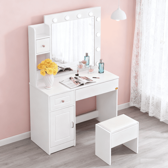 SPECSTAR Makeup Vanity Set with 12 Light Bulbs, Makeup Dressing Table with Lighted Mirror and Large Drawer, White