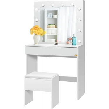 SPECSTAR Makeup Vanity Set with 12 Light Bulbs, Makeup Dressing Table with Lighted Mirror and Large Drawer, White