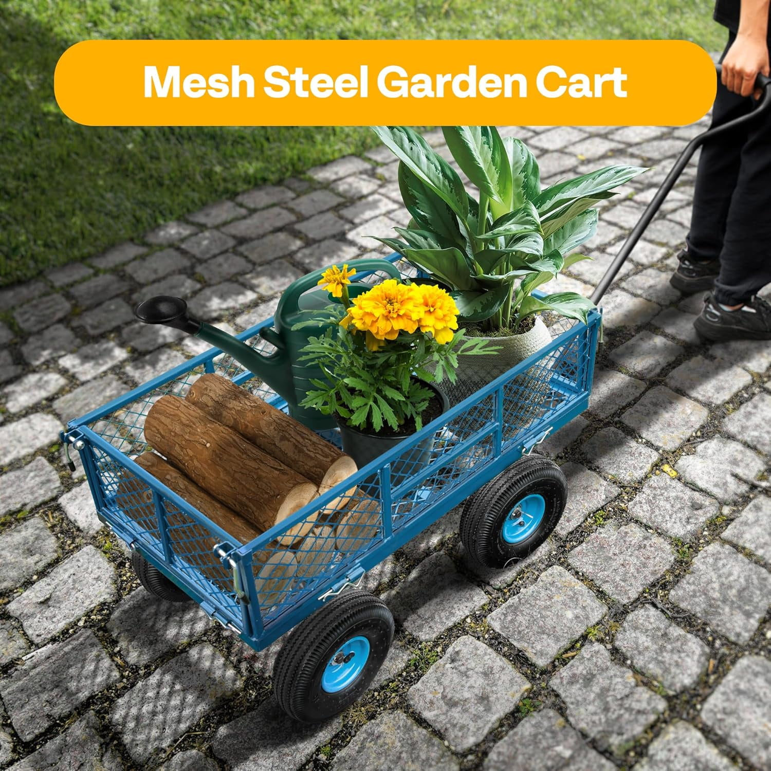 SPECSTAR Mesh Steel Garden Cart 880lb. Capacity, 38" x 21" with Removable Sides and 10 inch Wheels, Blue