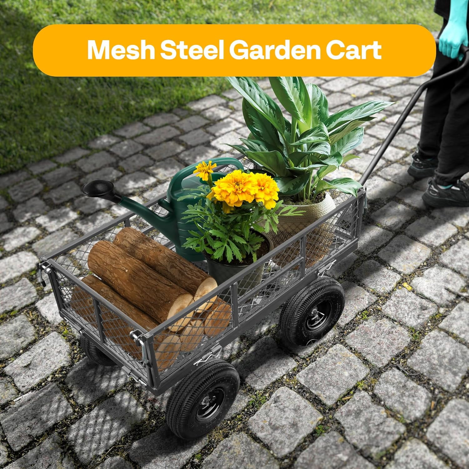 SPECSTAR Mesh Steel Garden Cart 880lb. Capacity, 38" x 21" with Removable Sides and 10 inch Wheels, Gray
