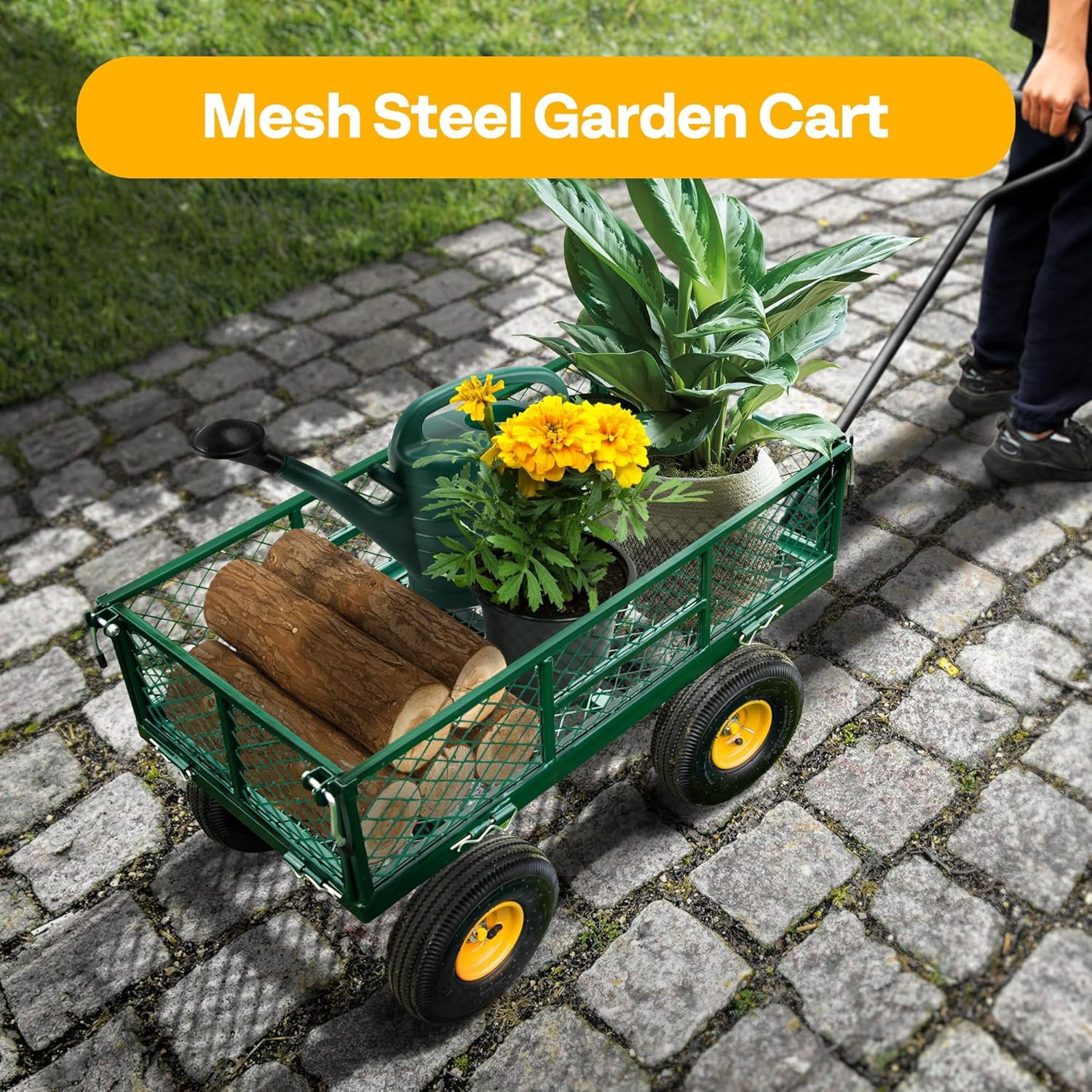 SPECSTAR Mesh Steel Garden Cart 880lb. Capacity, 38" x 21" with Removable Sides and 10 inch Wheels, Green