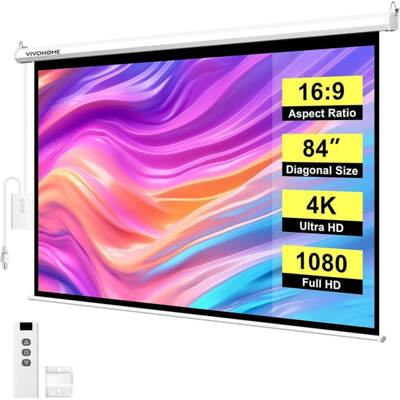 SPECSTAR Motorized Projector Screen with Remote, 16:9 84 Inch Auto Electric Projection Screen, HD 4K Movie Screen for Home Theater, Cinema, Office (73 x 41 White)
