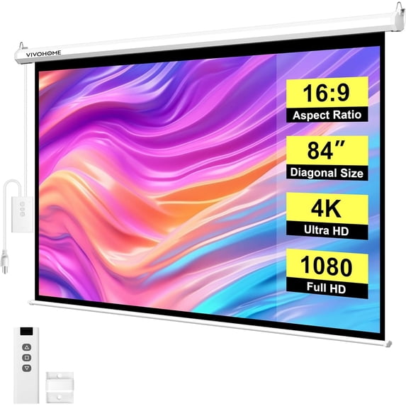 SPECSTAR Motorized Projector Screen with Remote, 16:9 84 Inch Auto Electric Projection Screen, HD 4K Movie Screen for Home Theater, Cinema, Office (73 x 41 White)