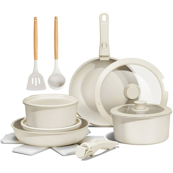 SPECSTAR 17 Pcs Beige Granite Pots and Pans Set with Removable Handles and Ceramic Nonstick Coating