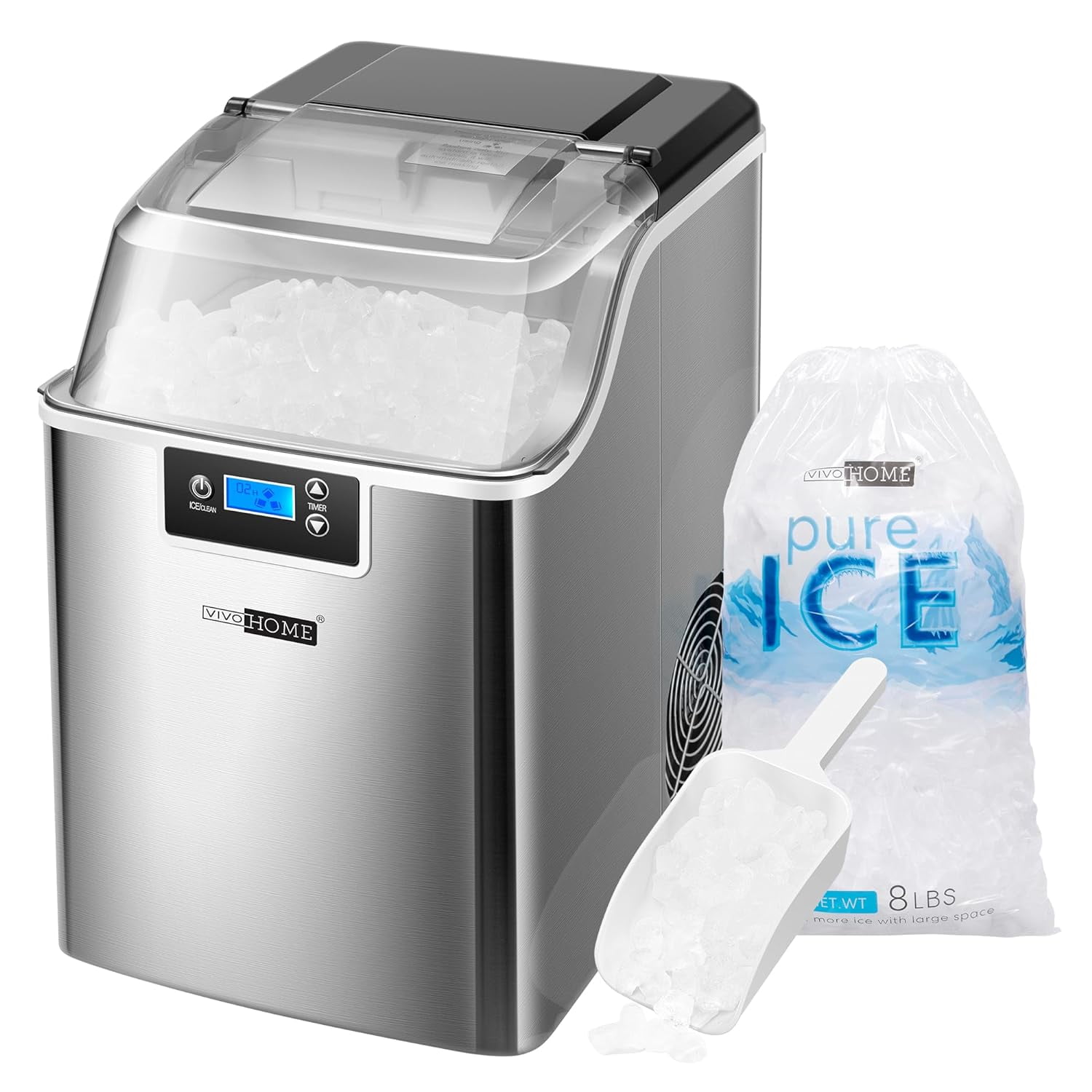 SPECSTAR Nugget Ice Maker Machine, Countertop Ice Maker with Hand Scoop 10 Ice Bags and Self Cleaning Function 44lbs/Day, Silver