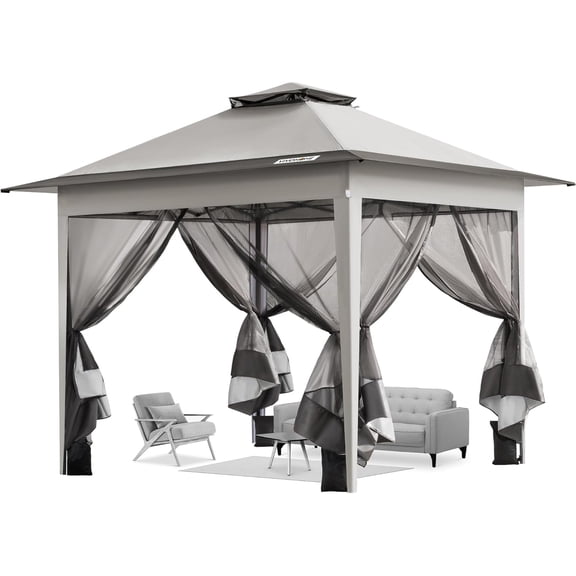 SPECSTAR Pop Up Gazebo 10x10ft Outdoor Canopy Tent with Mosquito Netting & 2 Tiers Roof for Patio Garden Backyard, Beige
