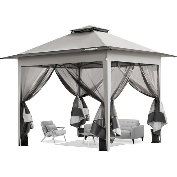 SPECSTAR Pop Up Gazebo 10x10ft Outdoor Canopy Tent with Mosquito Netting & 2 Tiers Roof for Patio Garden Backyard, Beige