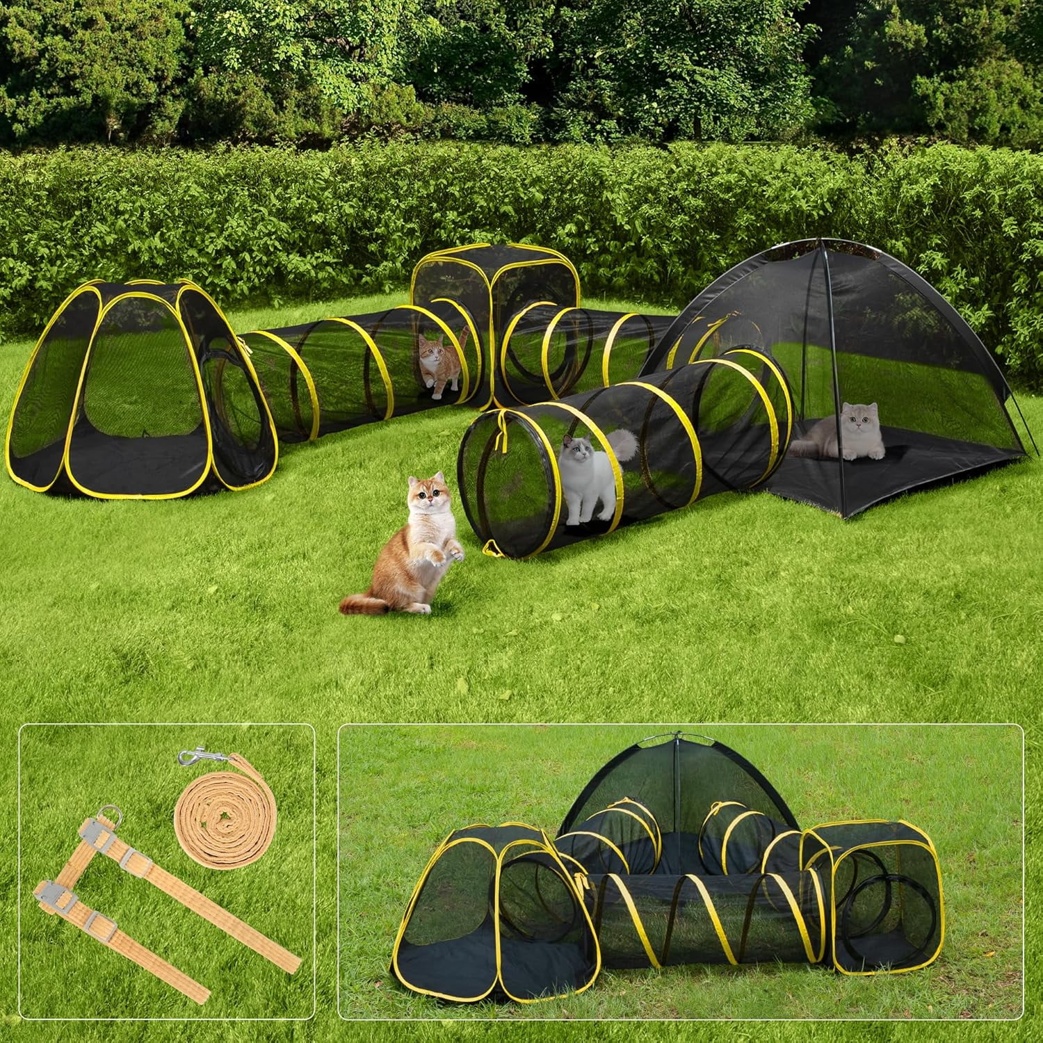SPECSTAR Outdoor Cat Enclosures 6-in-1 Outside Large Playground Include 2 Cat Tent, 3 Cat Tunnel, Cat Playhouse, Cat Leash, Mint Ball for Feline Friends to Explore in Yard, Balcony, Camping