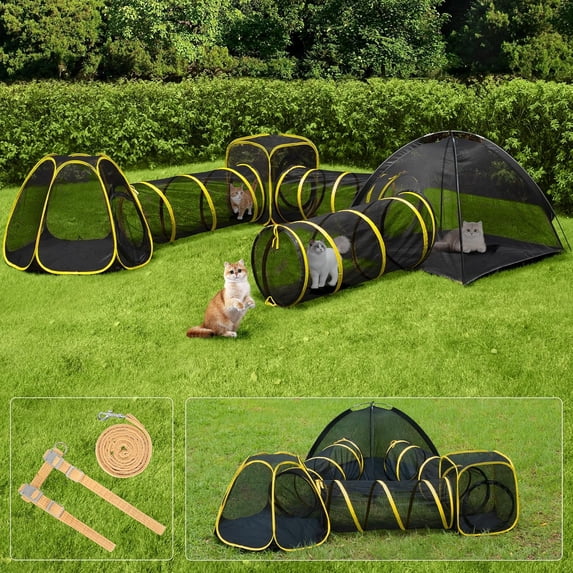 SPECSTAR Outdoor Cat Enclosures 6-in-1 Outside Large Playground Include 2 Cat Tent, 3 Cat Tunnel, Cat Playhouse, Cat Leash, Mint Ball for Feline Friends to Explore in Yard, Balcony, Camping