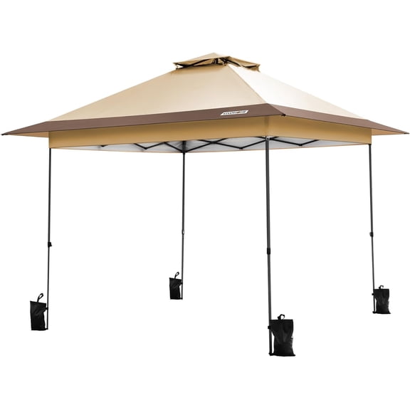 SPECSTAR 10x10ft Pop Up Gazebo Tent One Push Setup Canopy Tent Heavy Duty with Wheel Carry Bag and 4 Sandbags, 2 Tiers Roof for Patio Garden Backyard, Beige