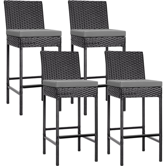 SPECSTAR Outdoor Wicker Bar Stools Set of 4, Patio Rattan Furniture with Cushions, Black