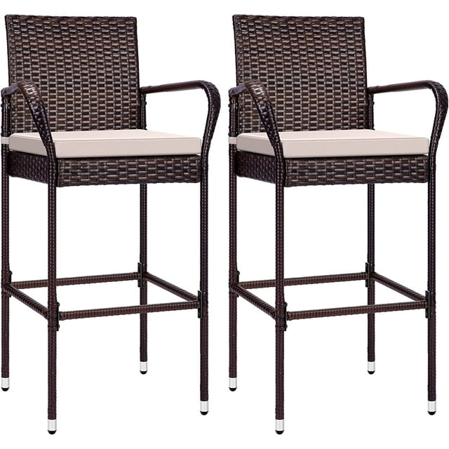 SPECSTAR Outdoor Wicker Bar stools Chair with Armrests and Cushions, 2