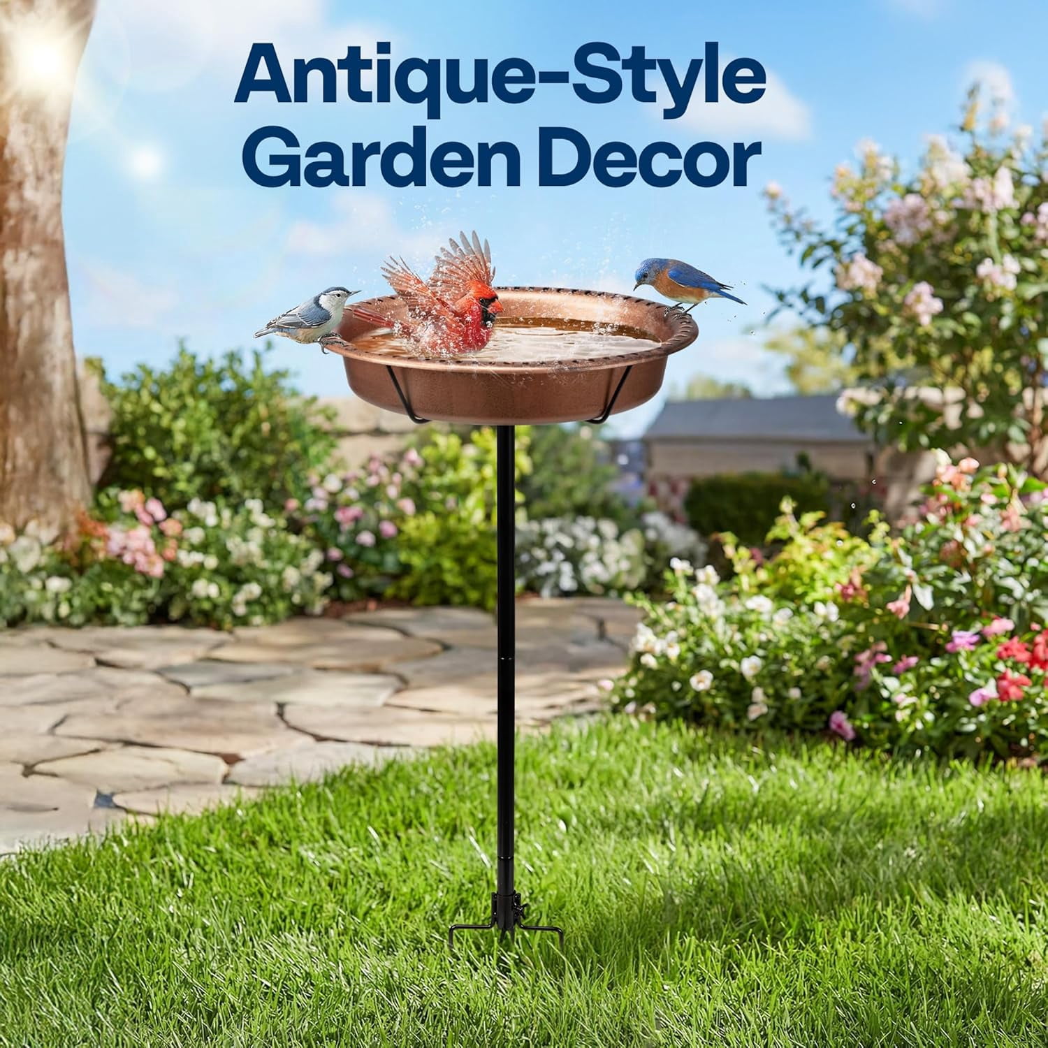 SPECSTAR Oval Bird Bath for Outside, Outdoor Birdbath Bowl with Metal Ground Stake, Weather-Resistant ABS Bird Bath and Feeder for Garden, 1.3 Gallons, Bronze