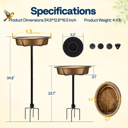 SPECSTAR Oval Bird Bath with Solar Fountain for Outside, Weather-Resistant ABS Birdbath Bowl with Solar Powered Pump, Metal Ground Stake for Outdoor, Garden, 1.3 Gallons, Copper
