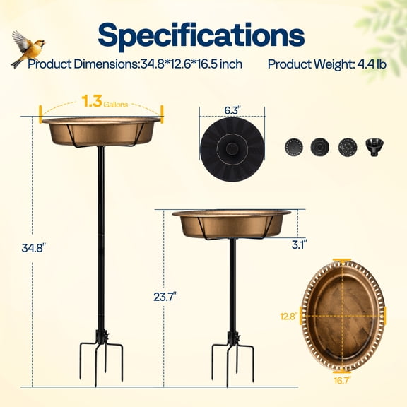 SPECSTAR Oval Bird Bath with Solar Fountain for Outside, Weather-Resistant ABS Birdbath Bowl with Solar Powered Pump, Metal Ground Stake for Outdoor, Garden, 1.3 Gallons, Copper