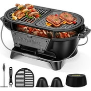 SPECSTAR Oval Cast Iron Grill with Interchangeable Grates & Griddle, 2 Furnace Doors for Heat Control, Includes Gloves, Poker and UV-Resistant Cover