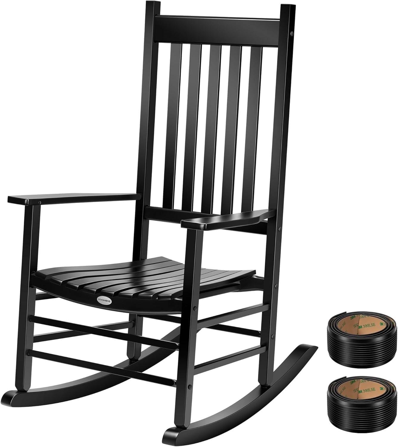 SPECSTAR Oversized Wooden Rocking Chair with Anti-Slip Strips for Noise Reduction, Suitable for Indoor, Porch, Garden, Black