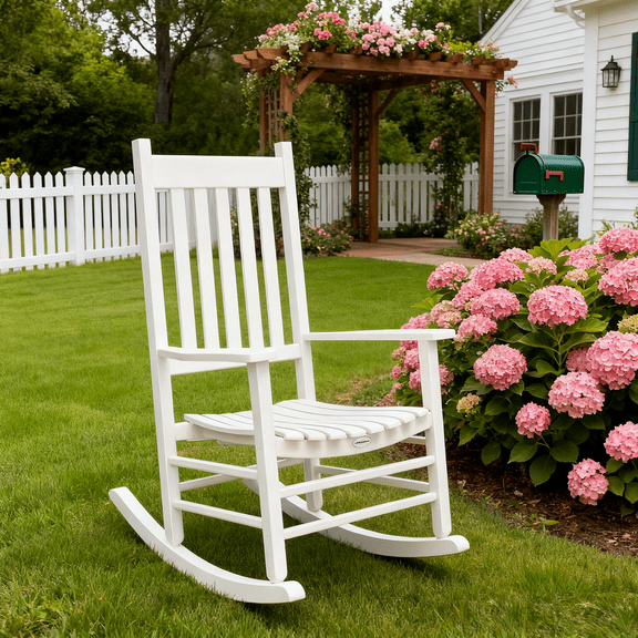 SPECSTAR Oversized Wooden Rocking Chair with Anti-Slip Strips for Noise Reduction, Suitable for Indoor, Porch, Garden, White