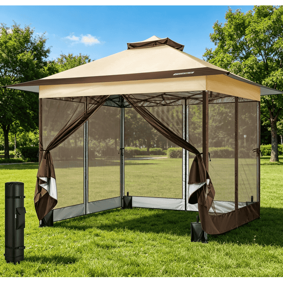 SPECSTAR Pop Up Gazebo 13x13ft Outdoor Canopy Tent with Mosquito Netting and Center Lock, Instant Outdoor Canopy 2-Tiered Vented Top 3 Adjustable Height for Patio Garden Backyard, Beige