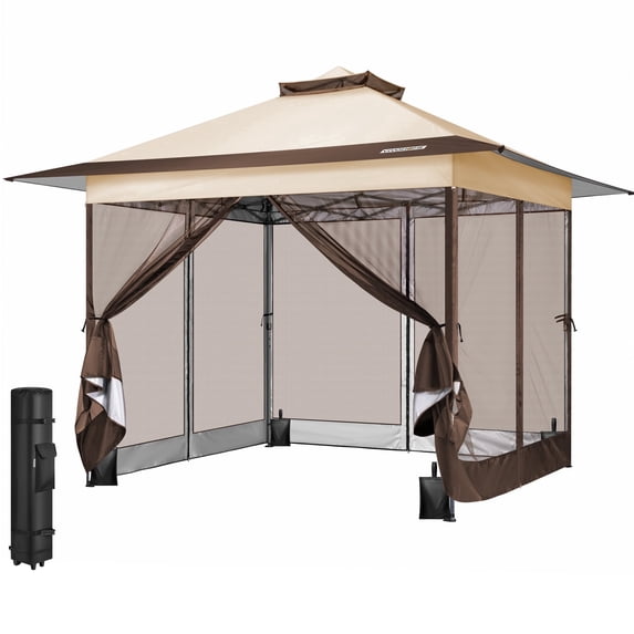 SPECSTAR Pop Up Gazebo 13x13ft Outdoor Canopy Tent with Mosquito Netting and Center Lock, Instant Outdoor Canopy 2-Tiered Vented Top 3 Adjustable Height for Patio Garden Backyard, Beige