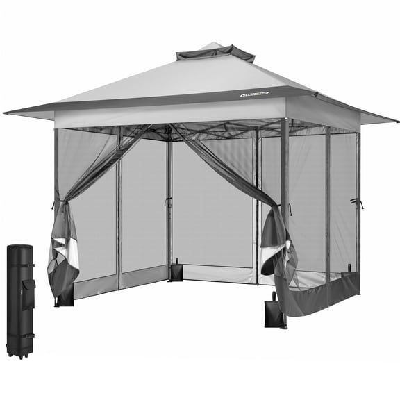 SPECSTAR Pop Up Gazebo 13x13ft Outdoor Canopy Tent with Mosquito Netting and Center Lock, Instant Outdoor Canopy 2-Tiered Vented Top 3 Adjustable Height for Patio Garden Backyard, Gray