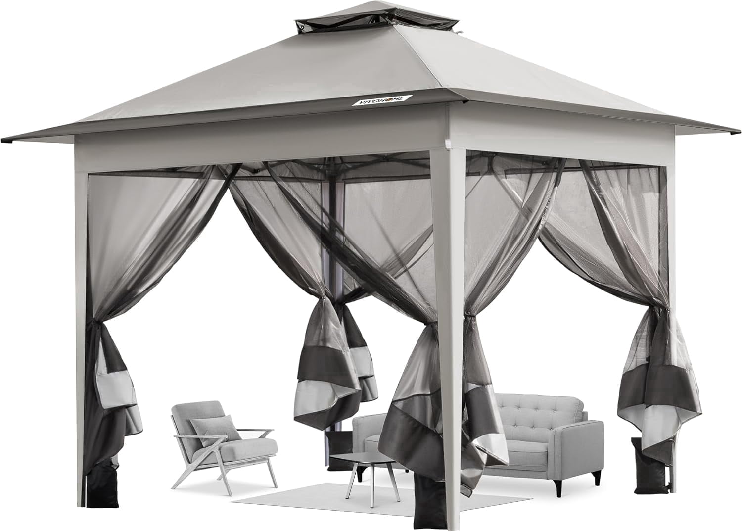SPECSTAR Pop Up Gazebo 10x10ft Outdoor Canopy Tent with Mosquito Netting & 2 Tiers Roof for Patio Garden Backyard, Beige