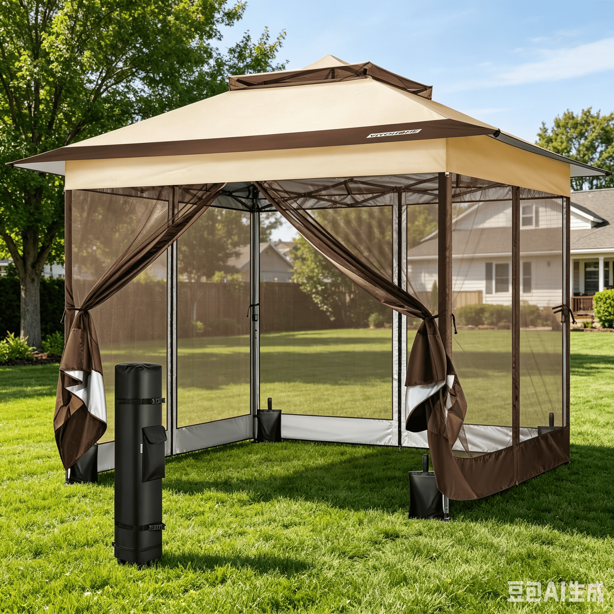 SPECSTAR Pop Up Gazebo 11x11ft Outdoor Canopy Tent with Mosquito Netting, 2 Tiers Roof and Center Lock for Patio Garden Backyard, Beige