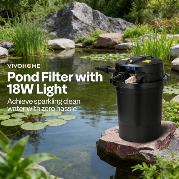 SPECSTAR 2640GPH Auto-Cleaning Pressurized Bio Pond Filter with 18W Light, Timer, Multi-Size Adapters for Koi Ponds up to 1585 Gallons or Ornamental Ponds up to 3170 Gallons