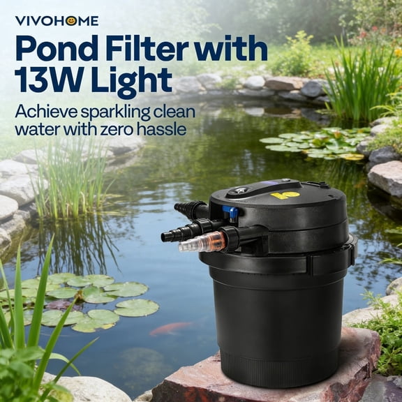 SPECSTAR 2110GPH Auto-Cleaning Pressurized Bio Pond Filter with 13W Light, Timer, Multi-Size Adapters for Koi Ponds up to 1057 Gallons or Ornamental Ponds up to 2113 Gallons