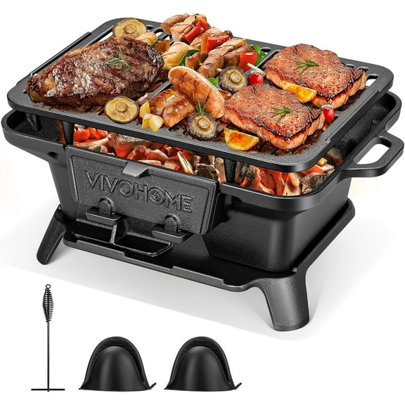 SPECSTAR Rectangle Cast Iron Charcoal Grill with Double-Sided Grate, Portable Outdoor BBQ Grill, Compact Tabletop Grill Stove (Note: The charcoal grid is made of stainless steel, not cast iron)