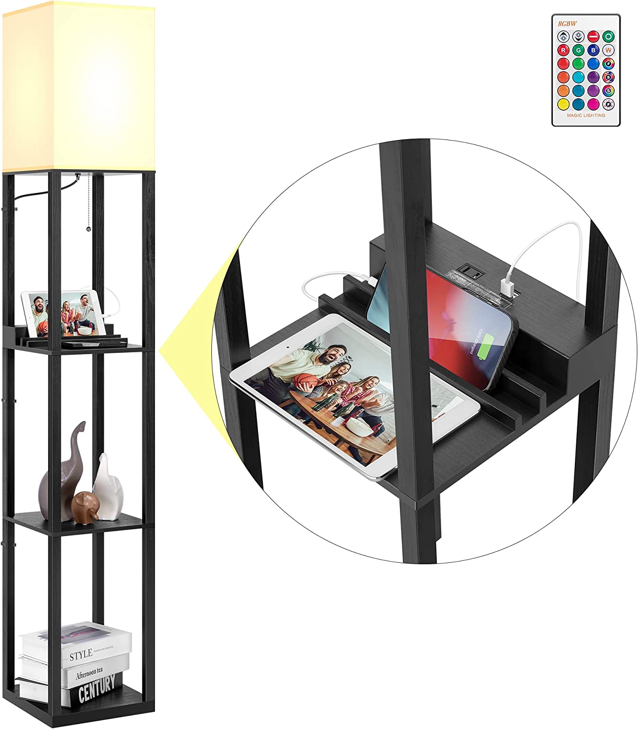 SPECSTAR Shelf Floor Lamp with USB Ports, Outlet and RGB Dimmable LED