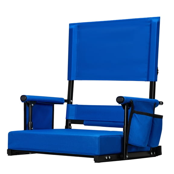SPECSTAR Height Adjustable High Back Stadium Seat with Back Support and Cushion, Portable Bleacher Chair with Cup Holder and Shoulder Strap, Blue