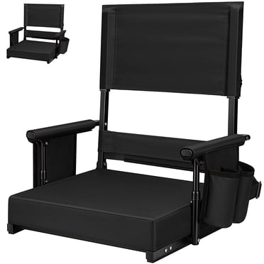 SPECSTAR Height Adjustable High Back Stadium Seat with Back Support and Cushion, Portable Bleacher Chair with Cup Holder and Shoulder Strap, Black