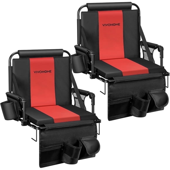 SPECSTAR Stadium Seats with Back Support and Cushion, 2 Pack Portable Bleacher Chairs with Cup Holder, Storage Bags and Shoulder Strap, Comfortable for Various Sports Events, Black and Red
