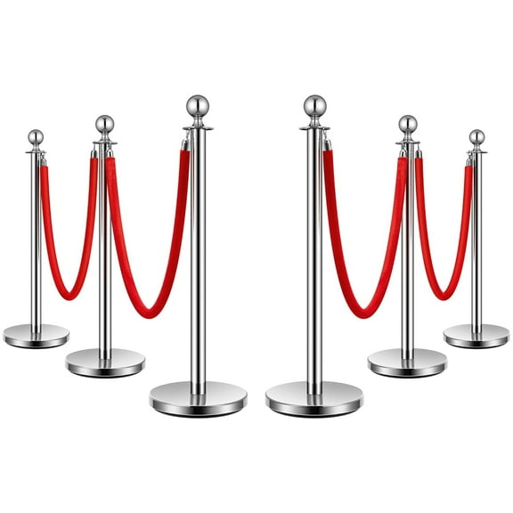 SPECSTAR Stainless Steel Stanchion Post Queue 6PCS Pole w/ 4 Red Velvet Ropes, Crowd Control Barriers w/Fillable Base for High-end Venues, Museums, Party Supplies (6 Pieces, Silver)