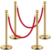 SPECSTAR Stainless Steel Stanchion Post Queue, with 2 Red Velvet Ropes, Crowd Control Barriers with Fillable Base(4 PCS, Golden)