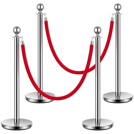SPECSTAR Stainless Steel Stanchion Post Queue, with 2 Red Velvet Ropes, Crowd Control Barriers with Fillable Base(4 PCS, Silver)