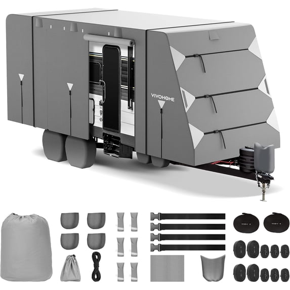 SPECSTAR Travel Trailer RV Cover 16-18ft, Top 300D Oxford RV Cover with PU Coating, 5-Layer Fabric with Built-in Waterproof Membrane on The Sides