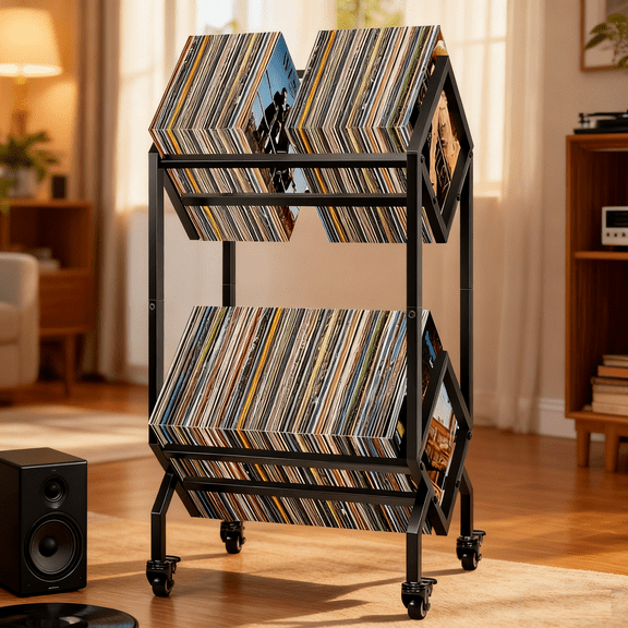 SPECSTAR Vinyl Record Storage Rack, 2 Tier Record Organizer 160-200 LP Holder Display Stand for Albums, Magazines, Books, Office Files w/Caster