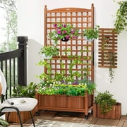 SPECSTAR Mobile Planter Box with Trellis 62 Inch Tall, Standing Natural Wood Raised Garden Bed with Drainage Holes (Extra Wheels)