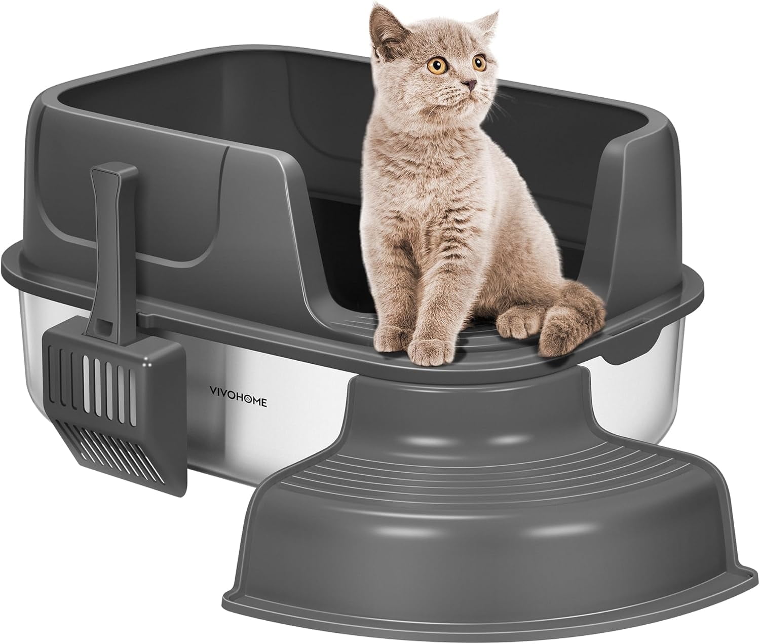 SPECSTAR XL Stainless Steel Cat Litter Box with Cover and Steps, 23'' x 17'' x 12'' Large Metal Litter Box for Cats with Scoop, Easy to Clean, Non-Slip, Ideal for Big or Multiple Cats, Dark Gray