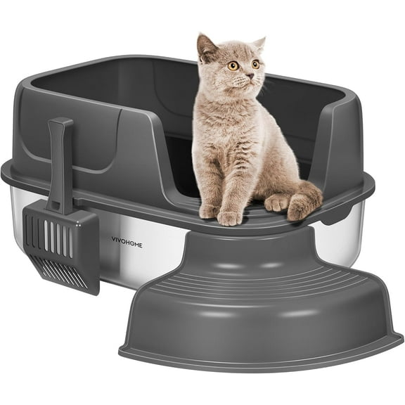 SPECSTAR XL Stainless Steel Cat Litter Box with Cover and Steps, 23'' x 17'' x 12'' Large Metal Litter Box for Cats with Scoop, Easy to Clean, Non-Slip, Ideal for Big or Multiple Cats, Dark Gray